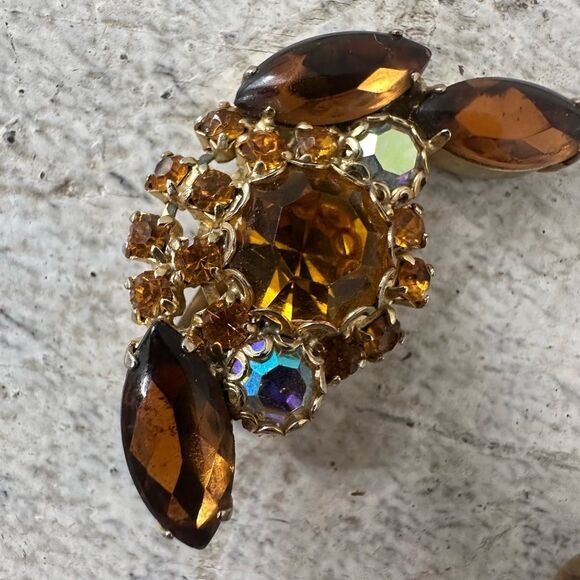 Vintage Rootbeer Citrine 1960s Rhinestone Beooch And Earrings Set - Picture 3 of 8